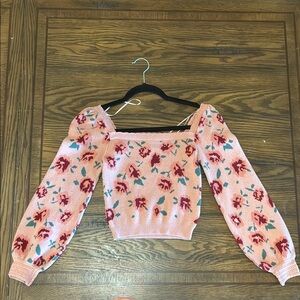 Pink Smocked Crop Blouse with Long Sleeves